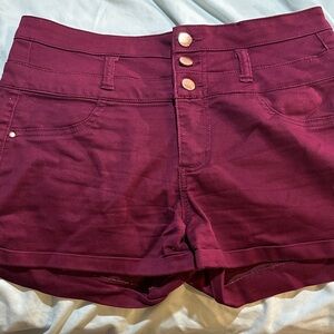 refuge High-Waist Burgundy Triple-Button Stretch Shorts